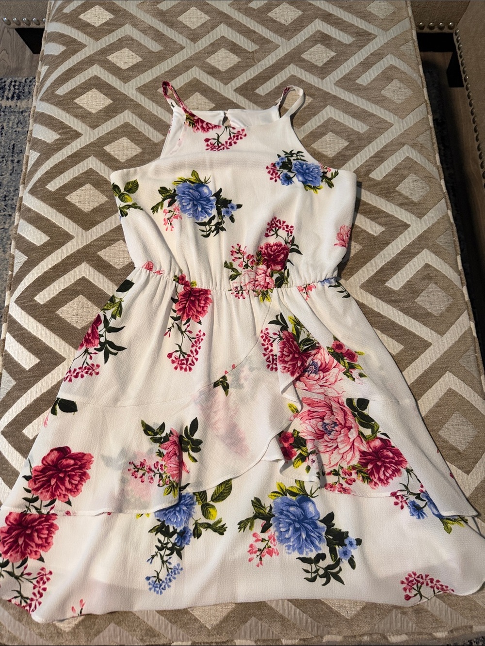 Iz Byer White Floral Tiered Dress - Pink & Blue Flowers
